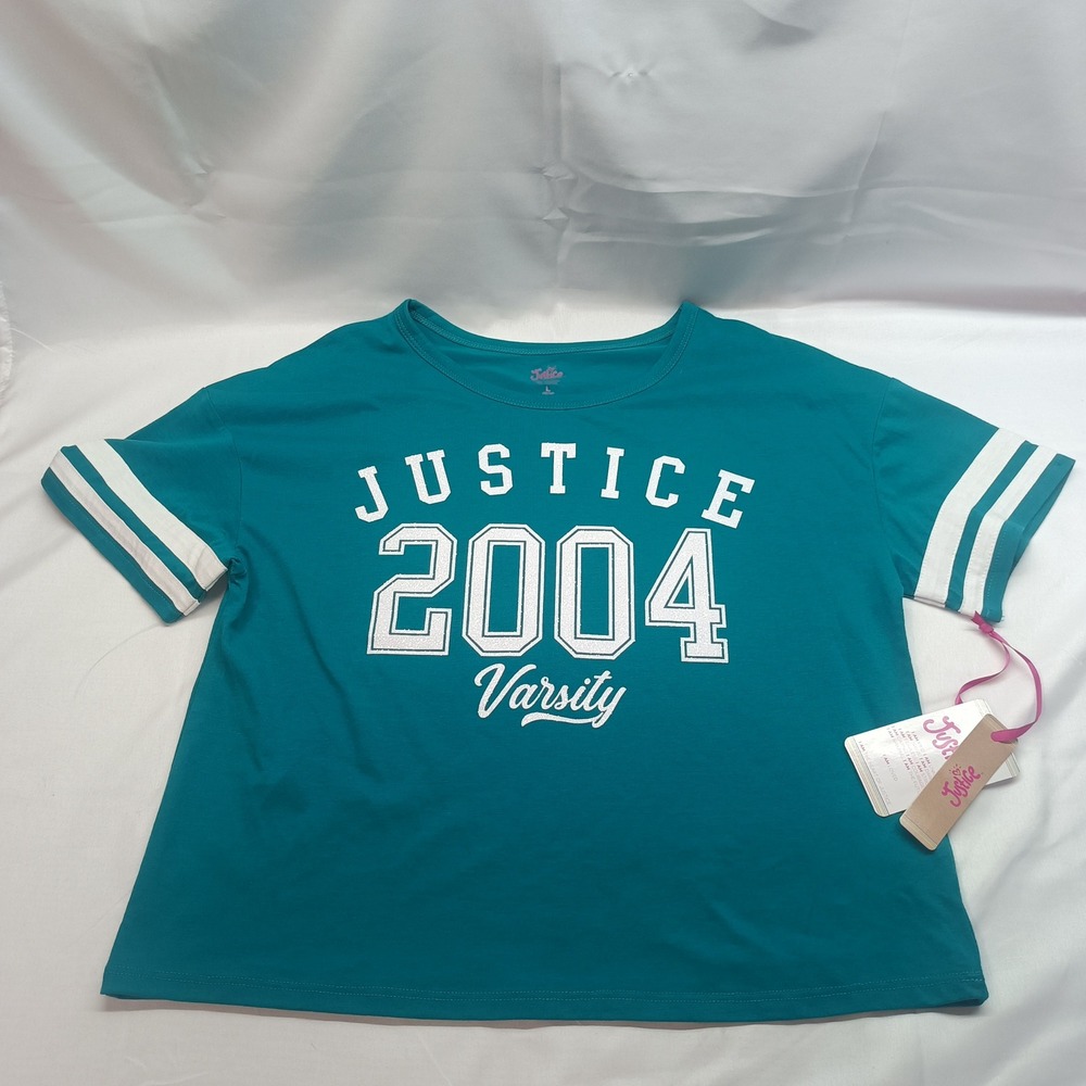 Justice Girls Varsity 2004 Graphic T-Shirt Teal Green Short Sleeve Size L 12/14